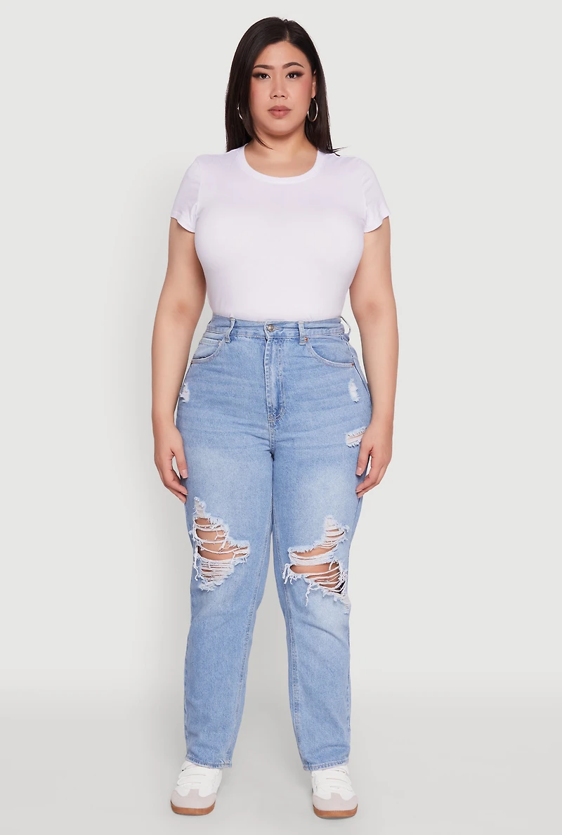 Womens Plus Size WAX Distressed High Waisted Straight Leg Jeans, Blue, Size 3X