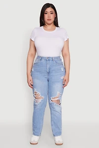 Womens Plus WAX Distressed High Waisted Straight Leg Jeans, Blue,