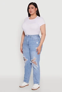 Womens Plus Size WAX Distressed High Waisted Straight Leg Jeans, Blue, Size 2X