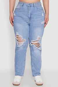 Womens Plus Size WAX Distressed High Waisted Straight Leg Jeans, Blue, Size 2X