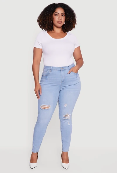 Womens Plus High Waisted Distressed Stretchy Skinny Jeans, Blue,