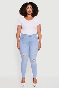 Womens Plus High Waisted Distressed Stretchy Skinny Jeans, Blue,