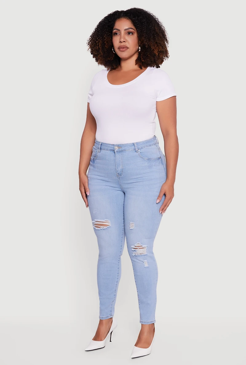 Womens Plus High Waisted Distressed Stretchy Skinny Jeans, Blue,