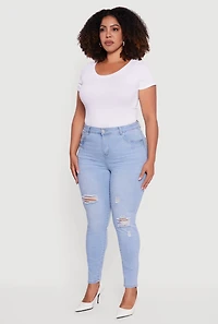 Womens Plus High Waisted Distressed Stretchy Skinny Jeans, Blue,