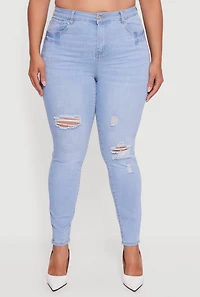 Womens Plus High Waisted Distressed Stretchy Skinny Jeans, Blue,