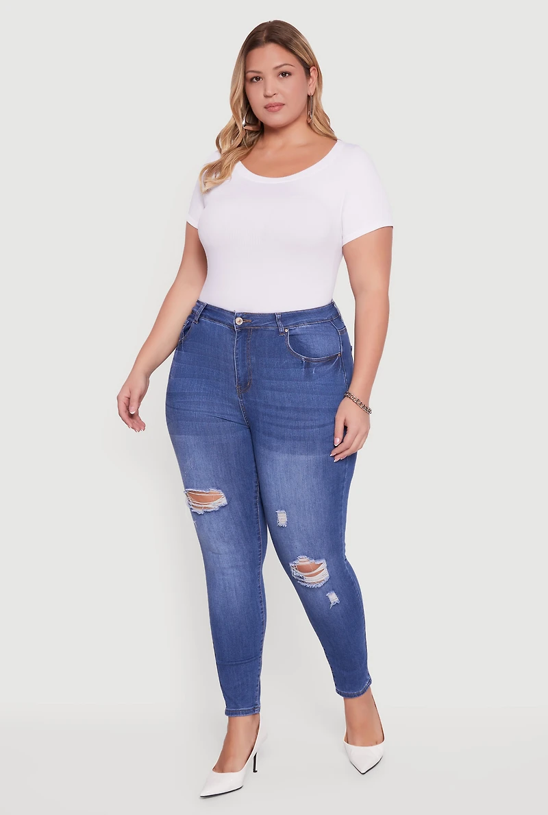 Womens Plus Size High Waisted Distressed Stretchy Skinny Jeans, Blue, Size 2X