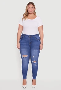 Womens Plus Size High Waisted Distressed Stretchy Skinny Jeans, Blue, Size 3X
