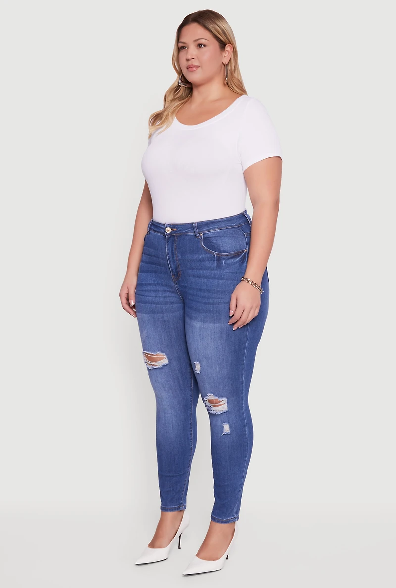 Womens Plus Size High Waisted Distressed Stretchy Skinny Jeans, Blue, Size 2X