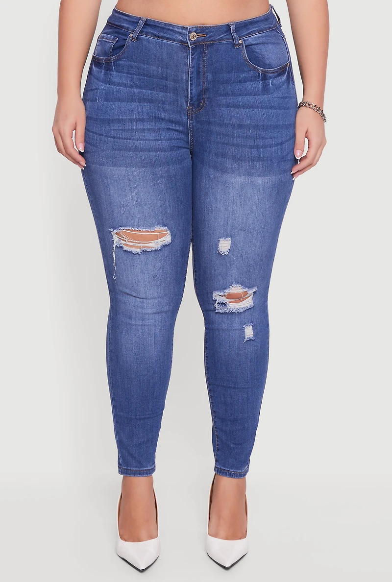 Womens Plus Size High Waisted Distressed Stretchy Skinny Jeans, Blue, Size 2X
