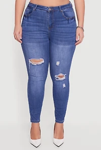 Womens Plus Size High Waisted Distressed Stretchy Skinny Jeans, Blue, Size 2X