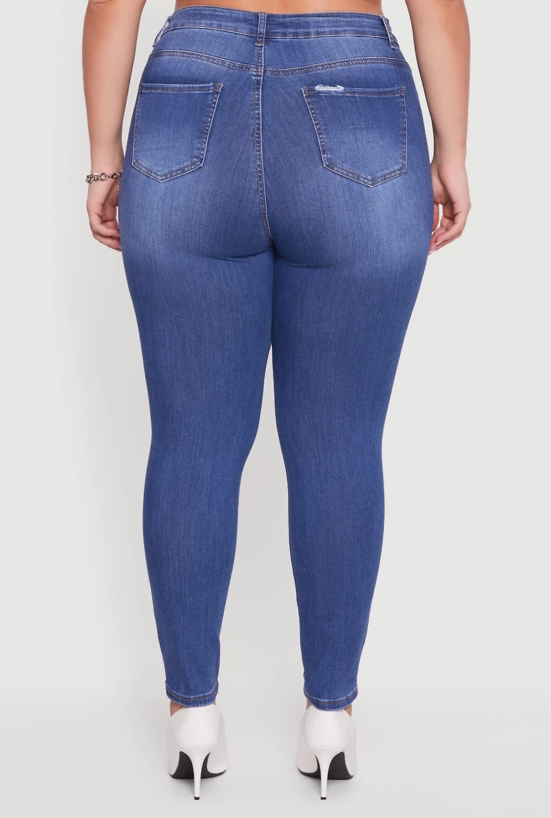 Womens Plus Size High Waisted Distressed Stretchy Skinny Jeans, Blue, Size 2X