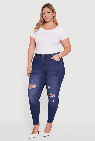 Womens Plus Size High Waisted Distressed Stretchy Skinny Jeans, Blue, Size 3X