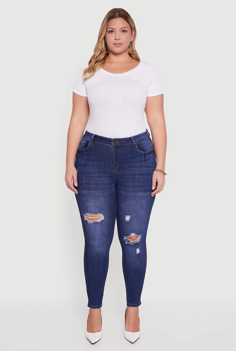 Womens Plus High Waisted Distressed Stretchy Skinny Jeans, Blue,