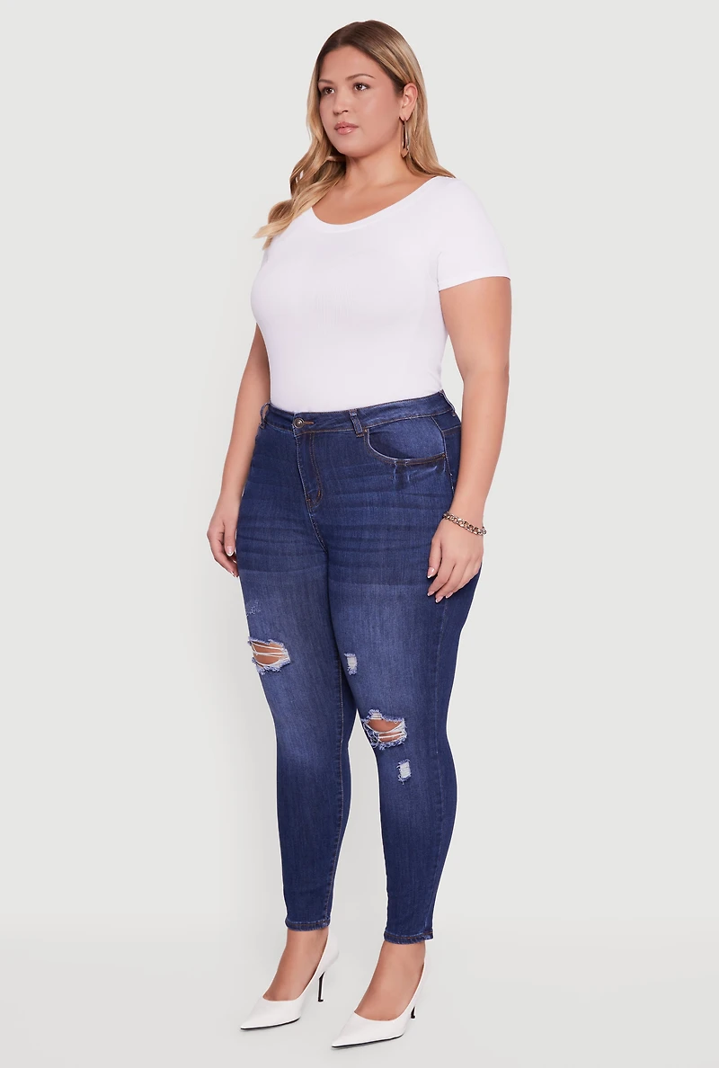 Womens Plus Size High Waisted Distressed Stretchy Skinny Jeans, Blue, Size 3X
