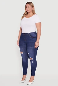 Womens Plus Size High Waisted Distressed Stretchy Skinny Jeans, Blue, Size 3X