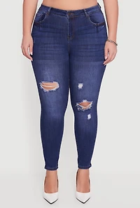 Womens Plus High Waisted Distressed Stretchy Skinny Jeans, Blue,