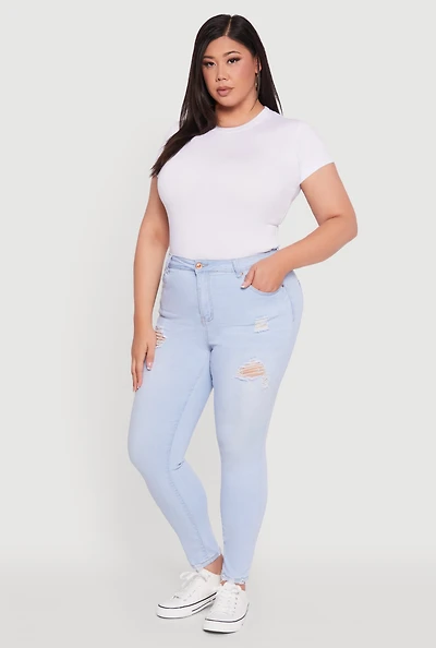 Womens Plus Size High Waisted Distressed Skinny Jeans, Blue, Size 20