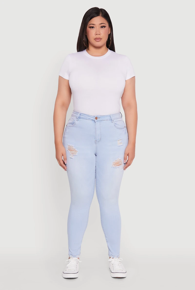 Womens Plus Size High Waisted Distressed Skinny Jeans, Blue, Size 20