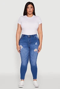 Womens Plus High Waisted Distressed Skinny Jeans, Blue,