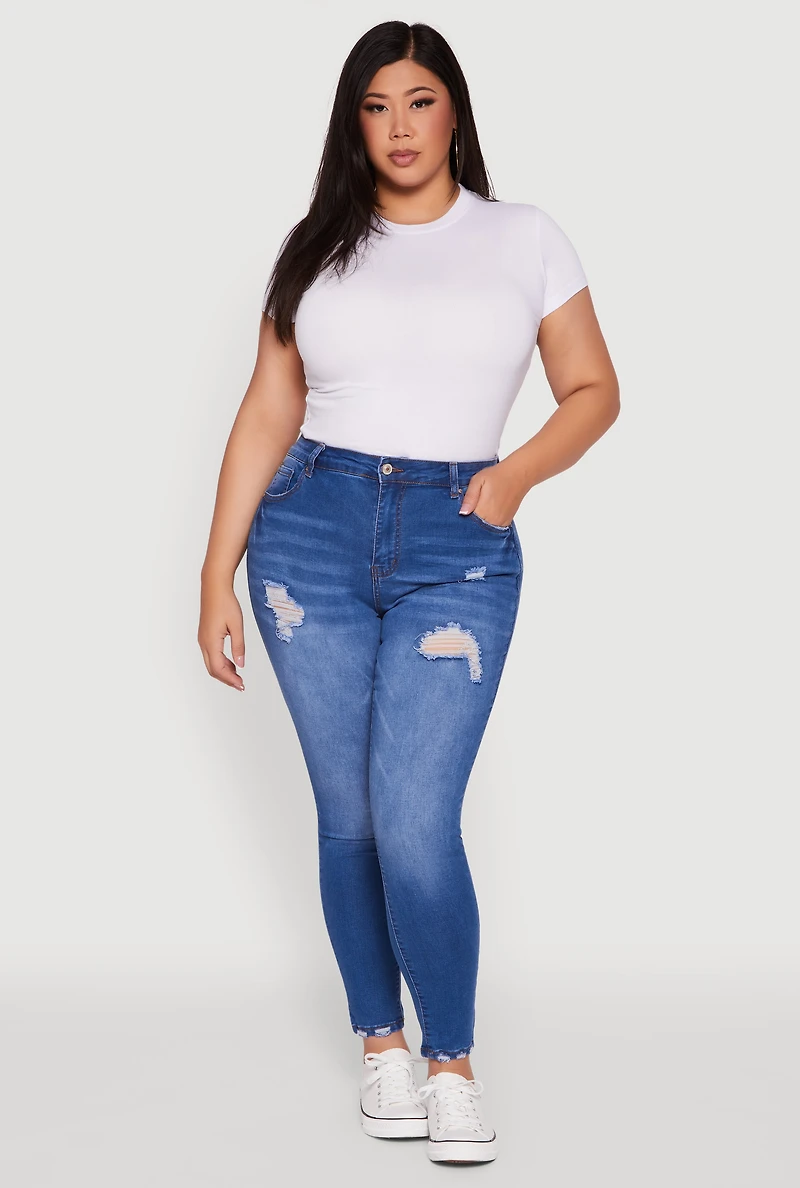 Womens Plus High Waisted Distressed Skinny Jeans, Blue,