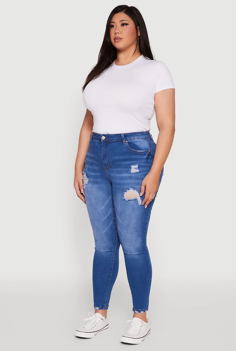 Womens Plus High Waisted Distressed Skinny Jeans, Blue,
