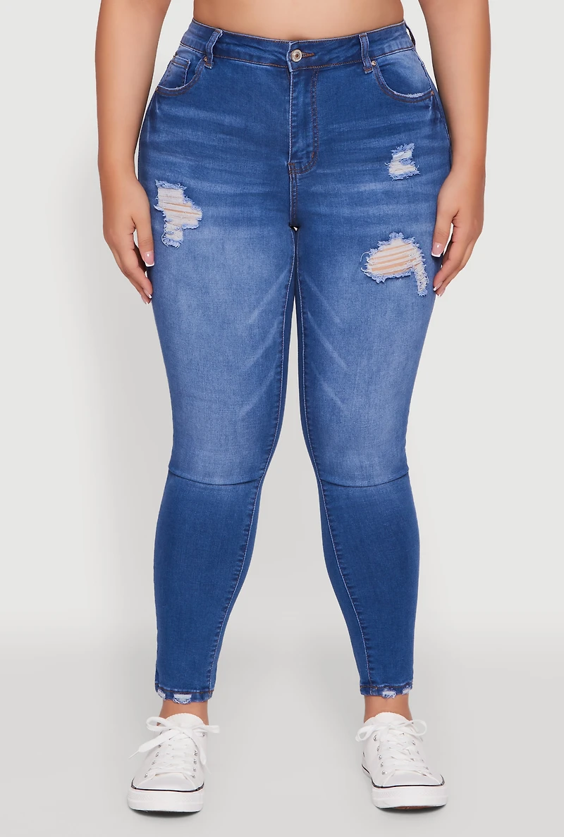 Womens Plus High Waisted Distressed Skinny Jeans, Blue,