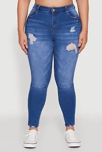 Womens Plus High Waisted Distressed Skinny Jeans, Blue,