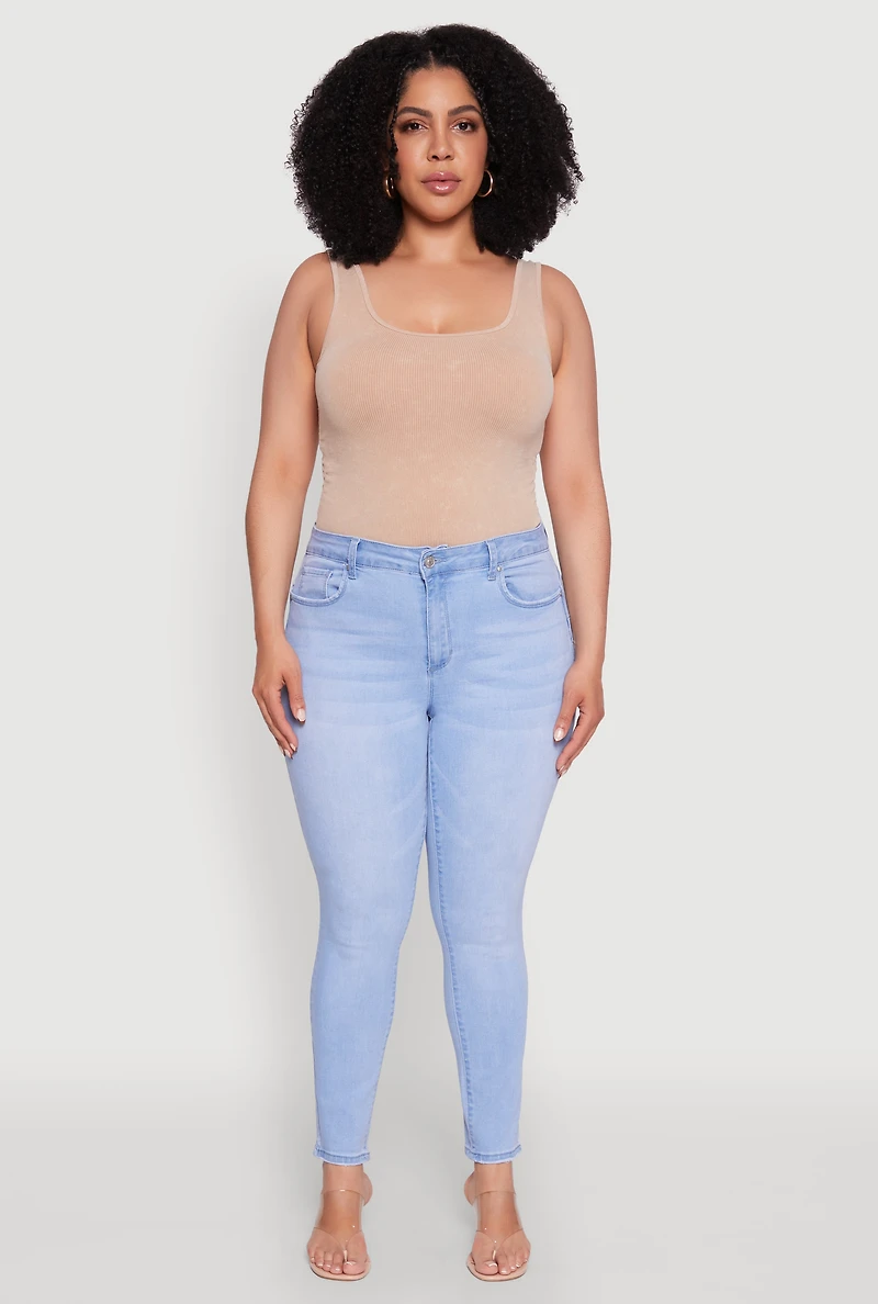 Womens Plus Wax Whiskered High Waisted Skinny Jeans, Blue,