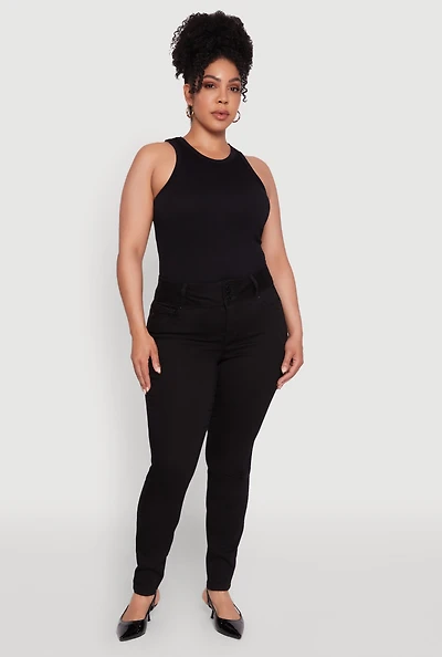 Womens Plus Size WAX 3 Button High Waist Jeans, Black, Size 18