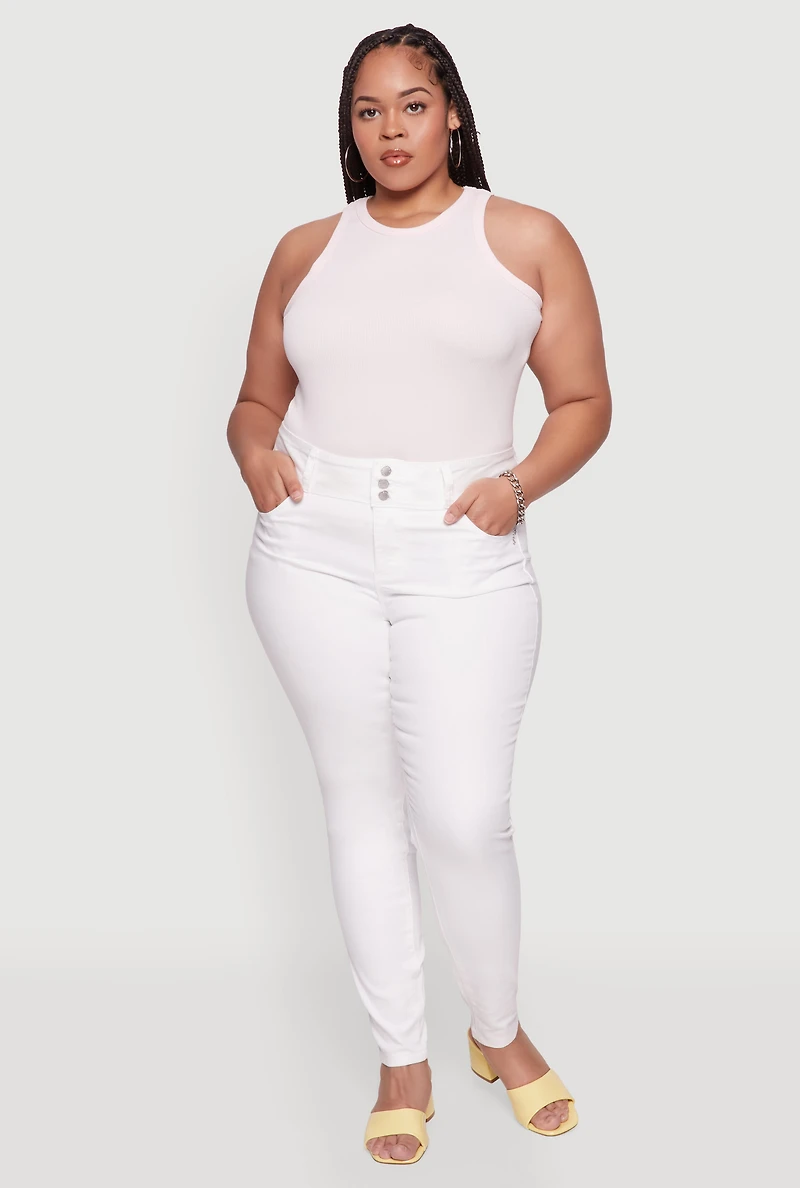 Womens Plus Size WAX 3 Button High Waist Jeans, White, Size 14