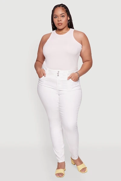 Womens Plus Size WAX 3 Button High Waist Jeans, White, Size 14