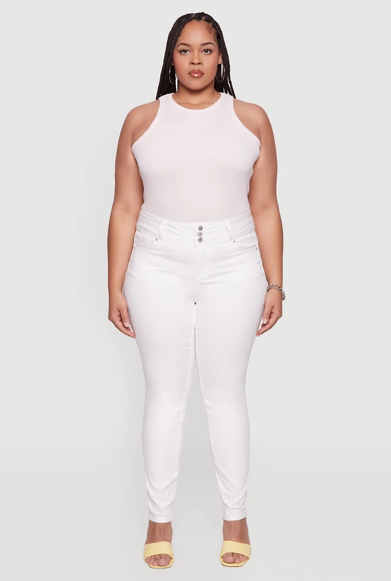 Womens Plus Size WAX 3 Button High Waist Jeans, White, Size 14