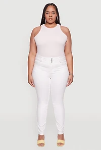 Womens Plus Size WAX 3 Button High Waist Jeans, White, Size 14