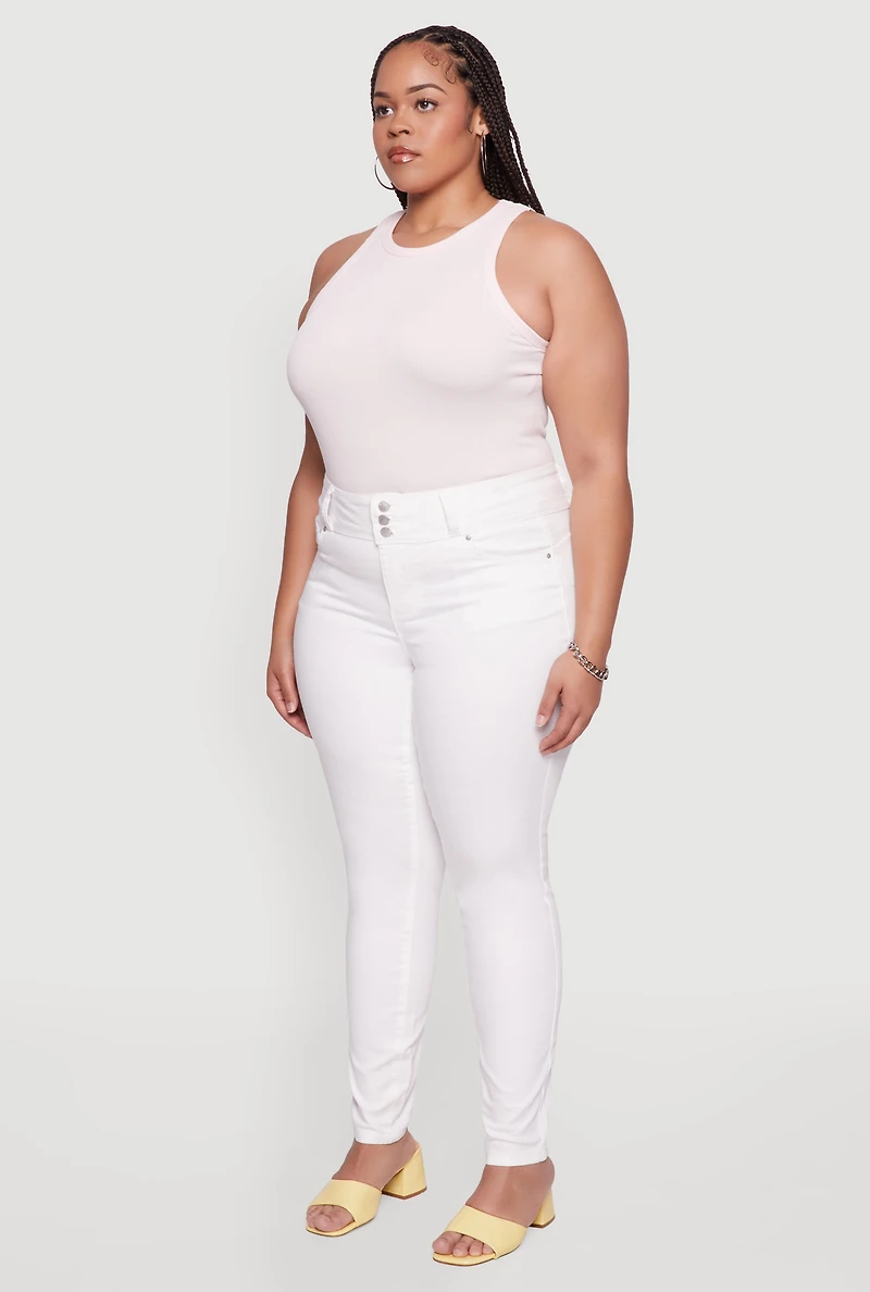 Womens Plus Size WAX 3 Button High Waist Jeans, White, Size 14