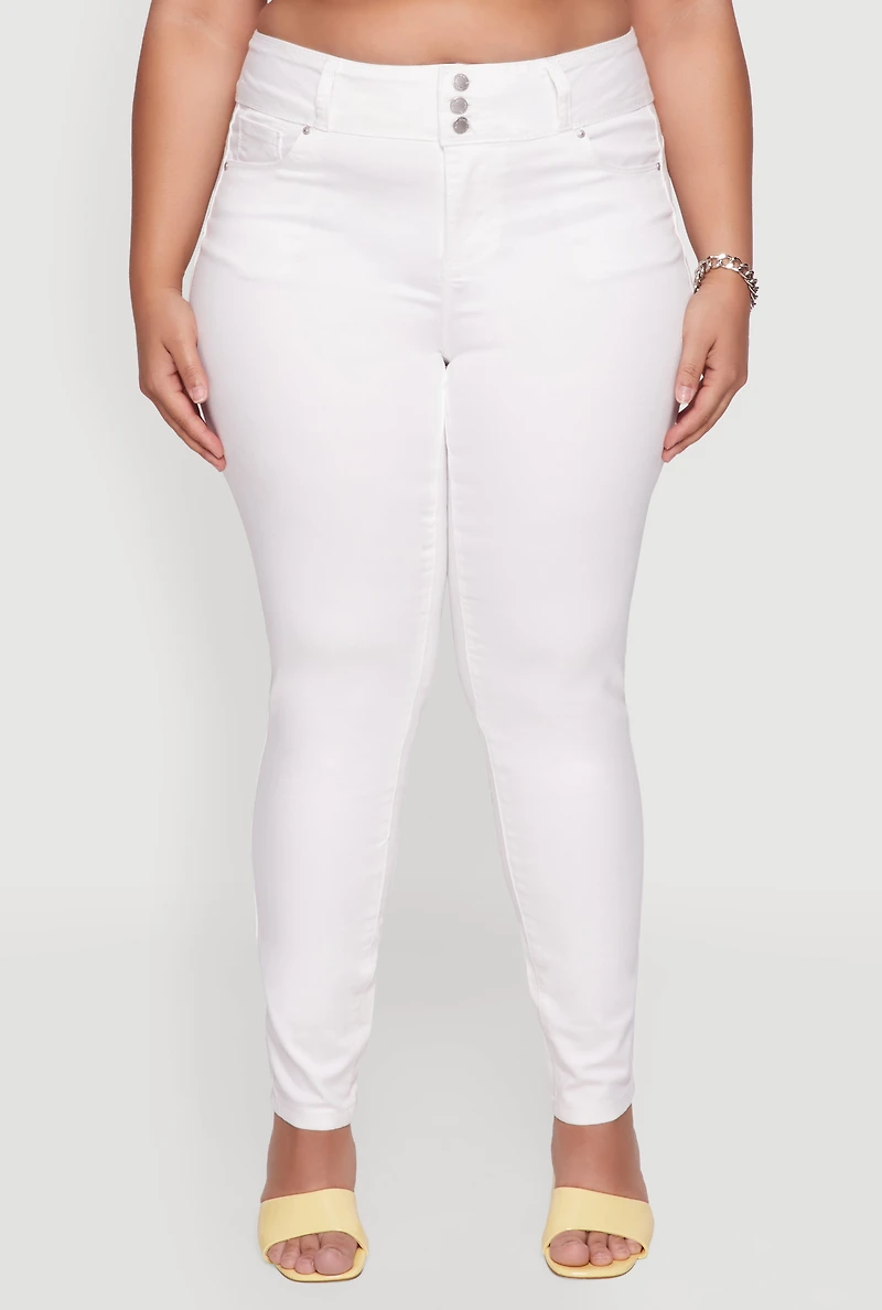 Womens Plus Size WAX 3 Button High Waist Jeans, White, Size 14
