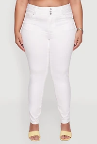 Womens Plus Size WAX 3 Button High Waist Jeans, White, Size 14