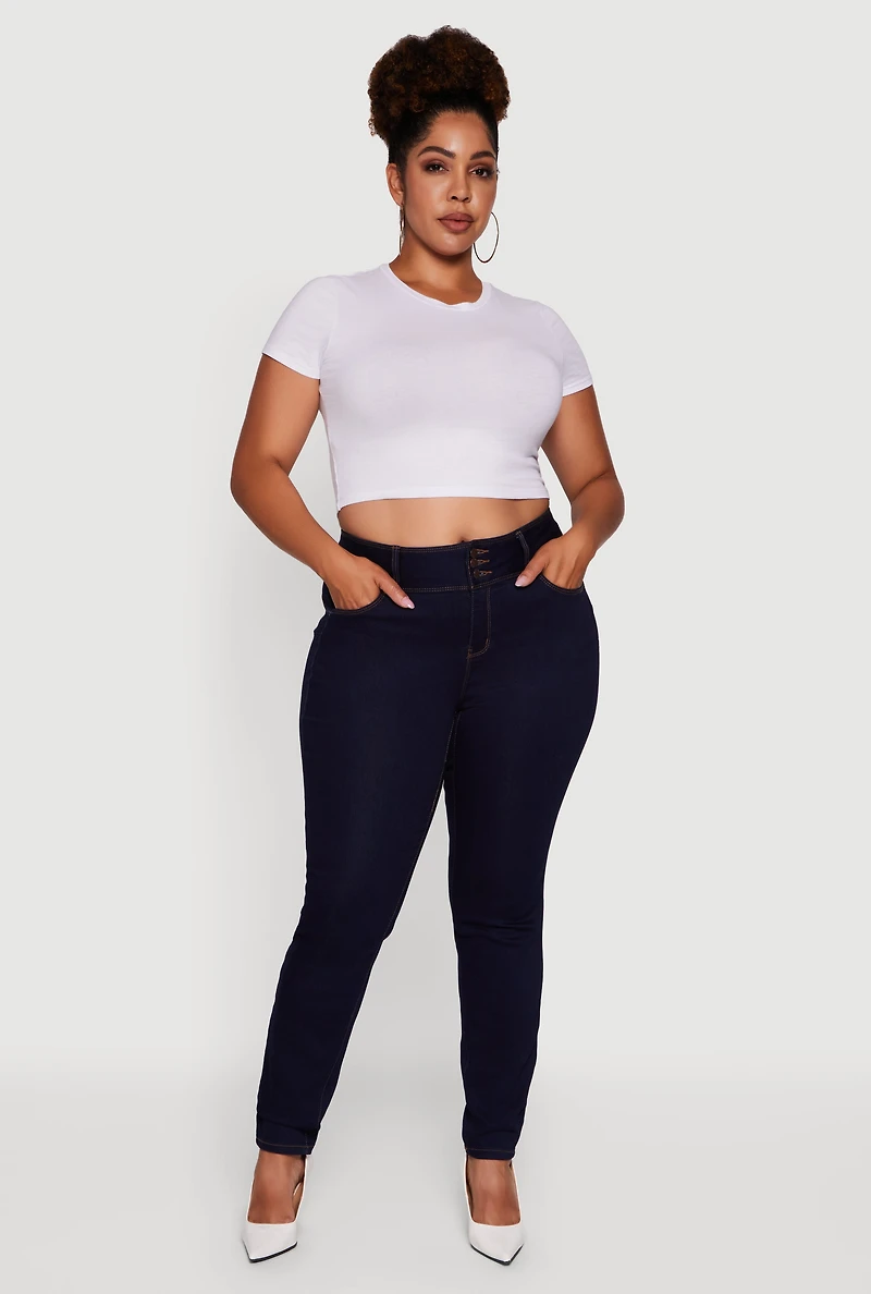 Womens Plus WAX 3 Button High Waist Jeans, Blue,