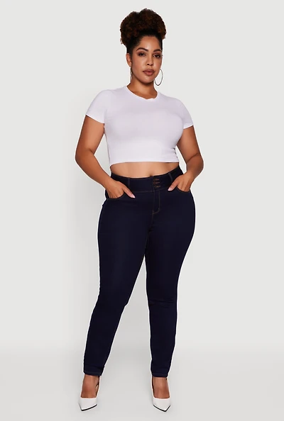 Womens Plus WAX 3 Button High Waist Jeans, Blue,