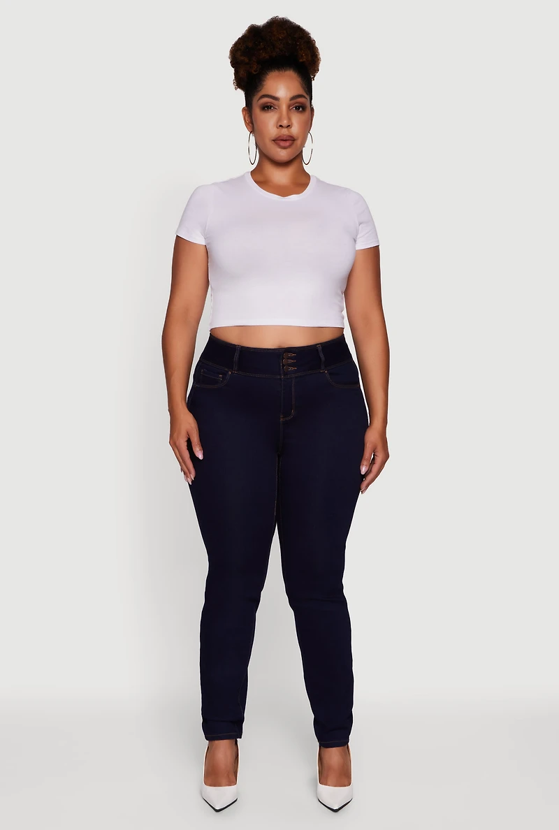 Womens Plus WAX 3 Button High Waist Jeans, Blue,