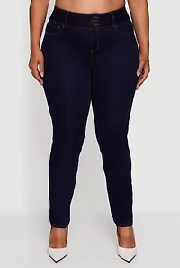 Womens Plus WAX 3 Button High Waist Jeans, Blue,