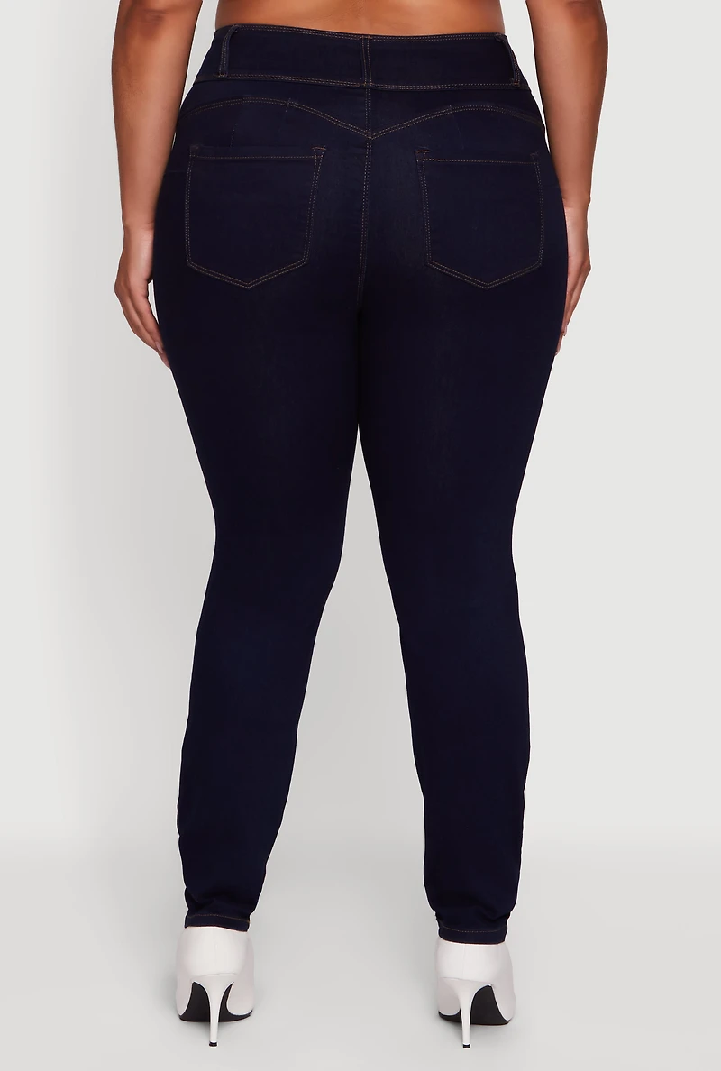 Womens Plus WAX 3 Button High Waist Jeans, Blue,