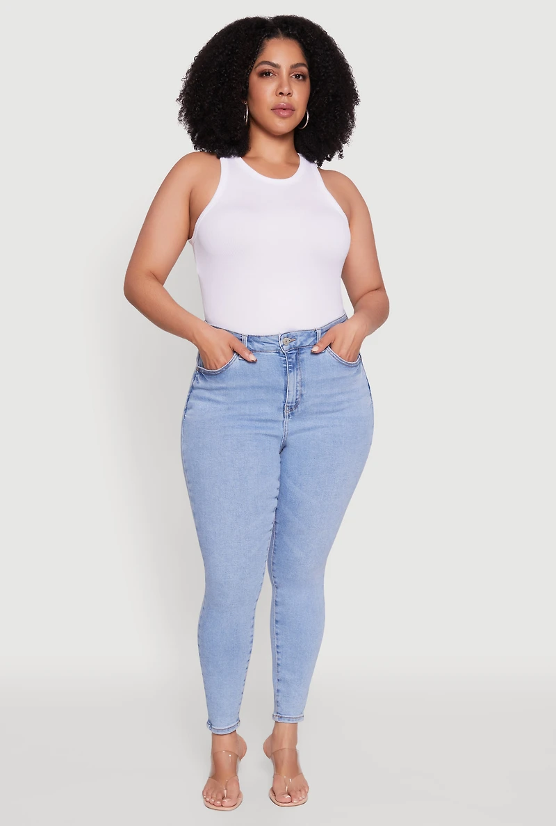 Womens Plus WAX Whiskered High Waist Skinny Jeans, Blue,