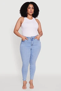 Womens Plus WAX Whiskered High Waist Skinny Jeans, Blue,