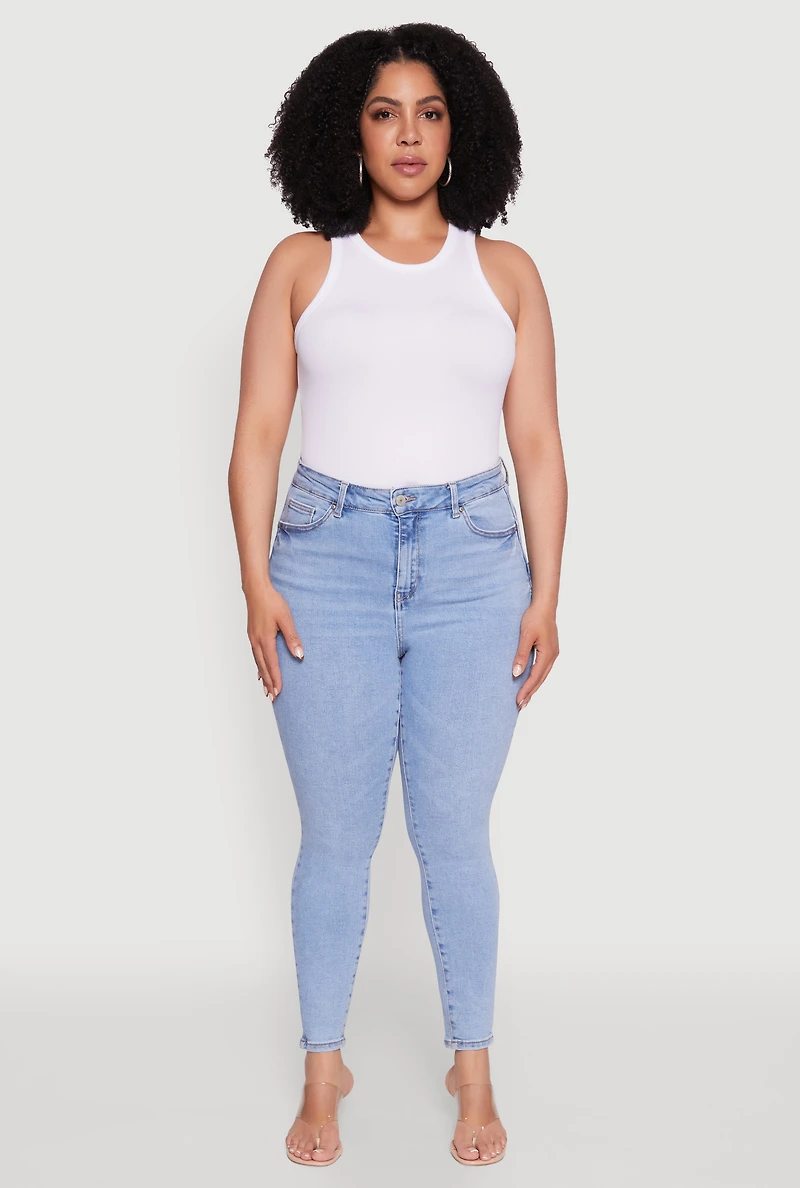 Womens Plus WAX Whiskered High Waist Skinny Jeans, Blue,