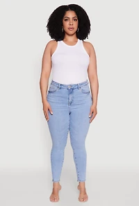 Womens Plus WAX Whiskered High Waist Skinny Jeans, Blue,