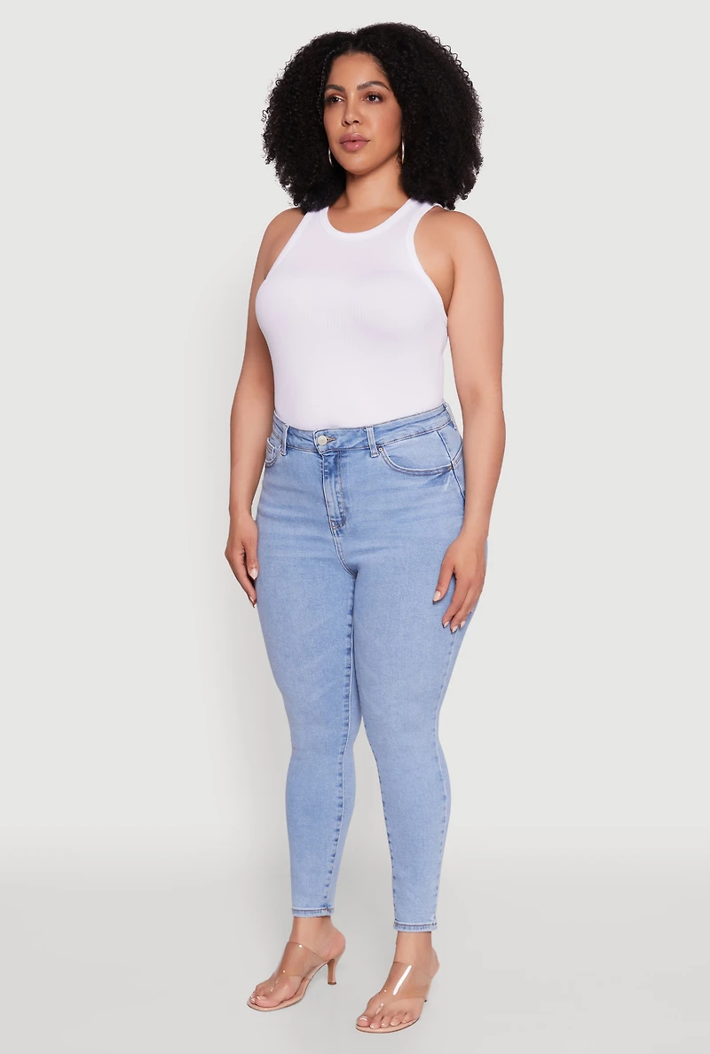 Womens Plus WAX Whiskered High Waist Skinny Jeans, Blue,