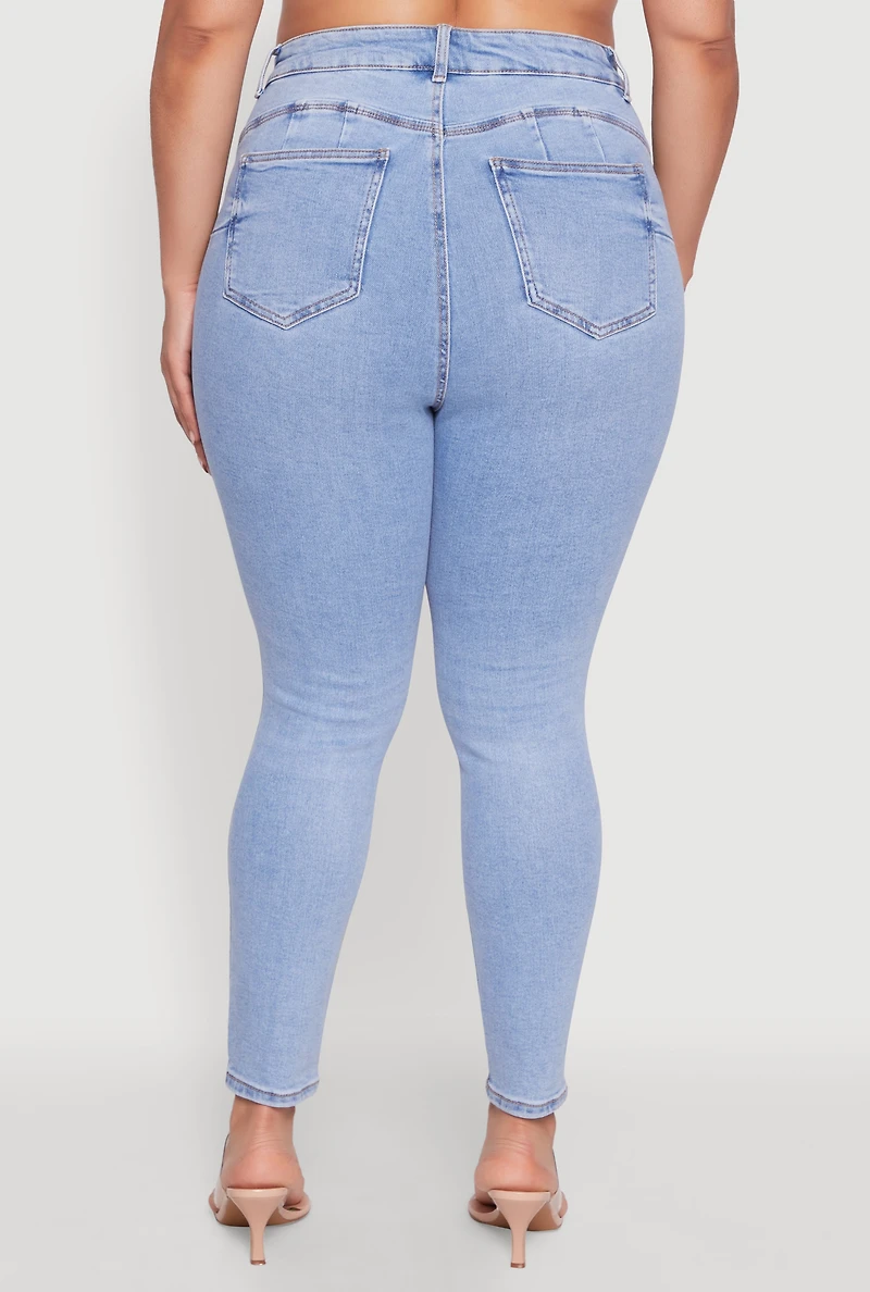 Womens Plus WAX Whiskered High Waist Skinny Jeans, Blue,