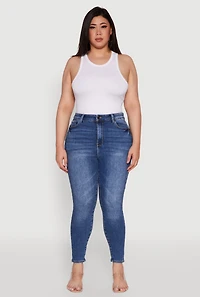 Womens Plus WAX Whiskered High Waist Skinny Jeans, Blue,