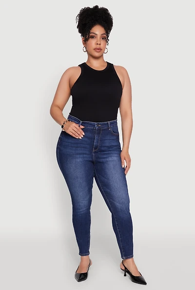 Womens Plus WAX Whiskered High Waist Skinny Jeans, Blue,