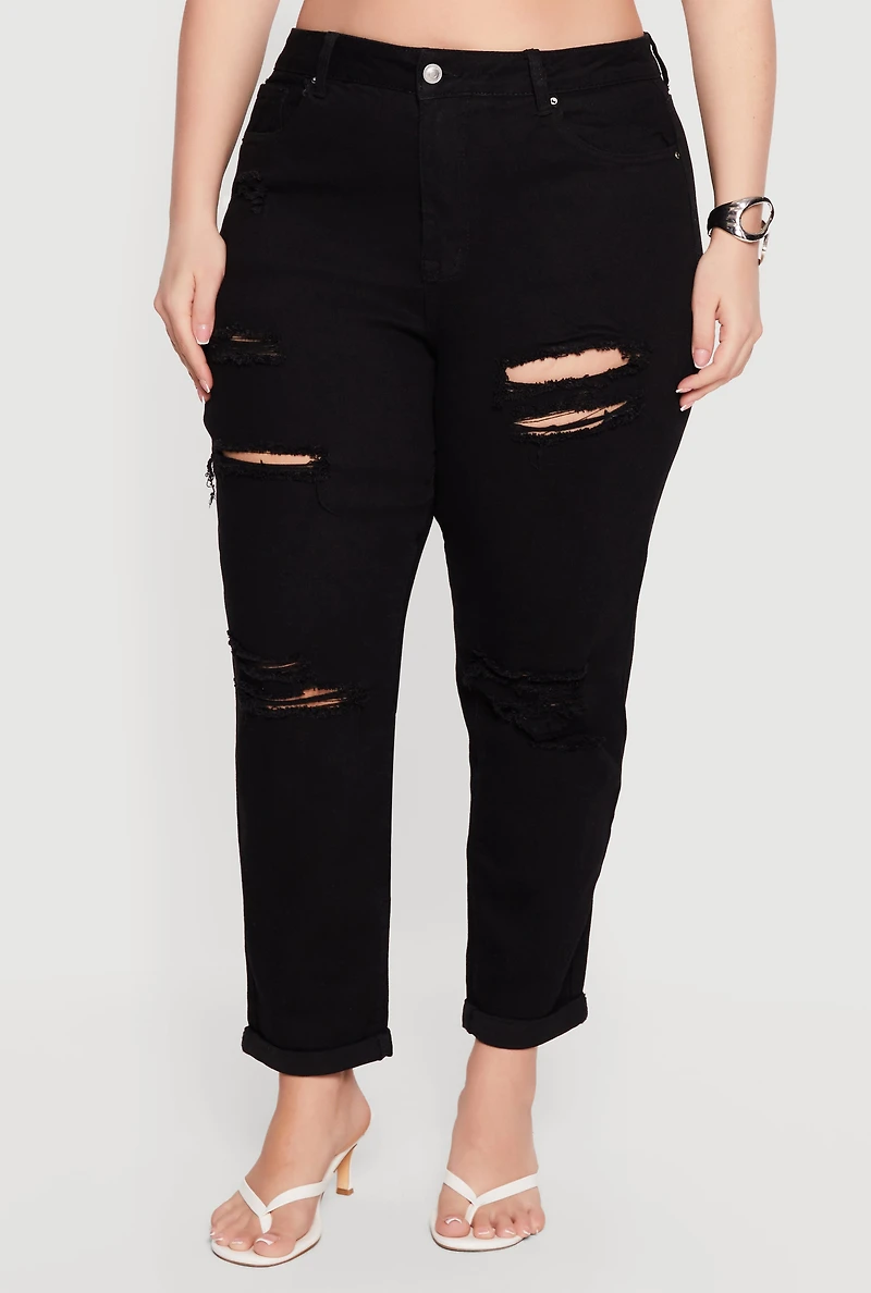 Plus High Waisted Distressed Boyfriend Jeans